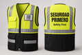 ML Kishigo 1503-style Class 2 mesh vest mockup with SEGURIDAD PRIMERO back print and front logo placement