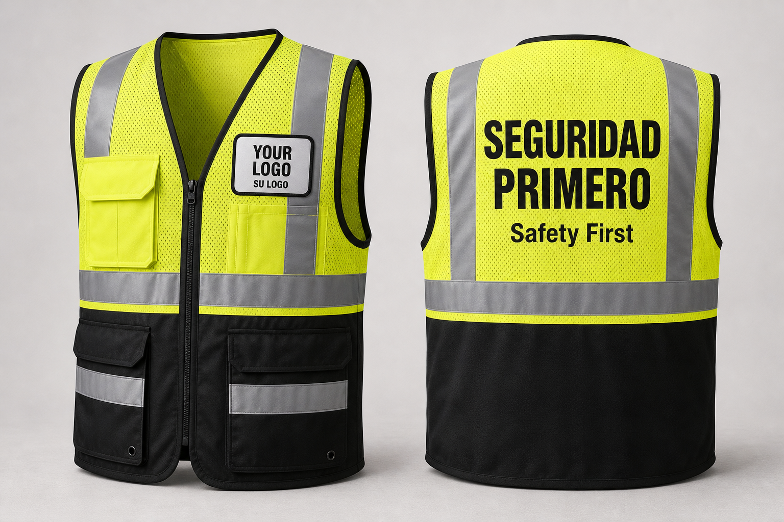 ML Kishigo 1503-style Class 2 mesh vest mockup with SEGURIDAD PRIMERO back print and front logo placement