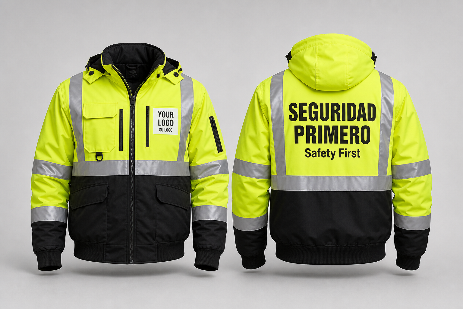 ML Kishigo 9132-style Class 3 bomber jacket mockup with SEGURIDAD PRIMERO back print and front logo placement