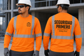Hi-vis long sleeve apparel mockup with SEGURIDAD PRIMERO back print and front logo placement